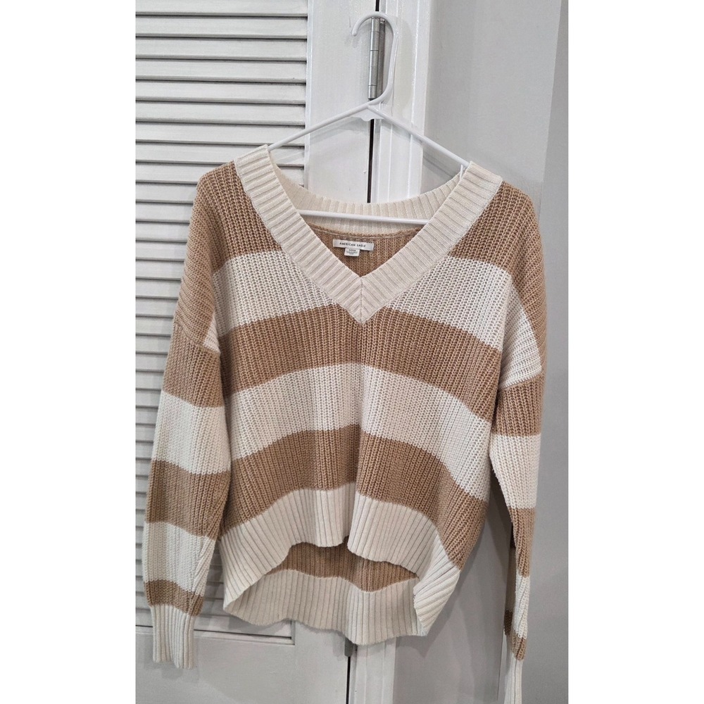 American Eagle Woman’s Small Pullover Striped V Neck Sweater Casual Tan White